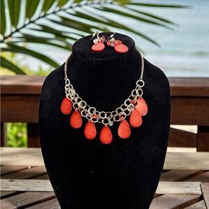 Multi Layer Red Chunky Statement Necklace and Drop Earring Demi Parure Set